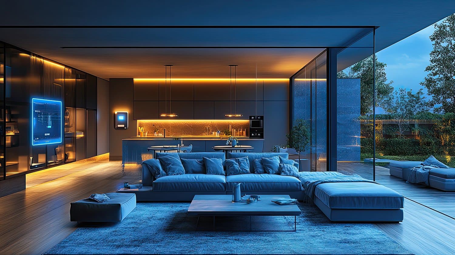 Smart home control panel managing climate and lighting in a modern luxury living room