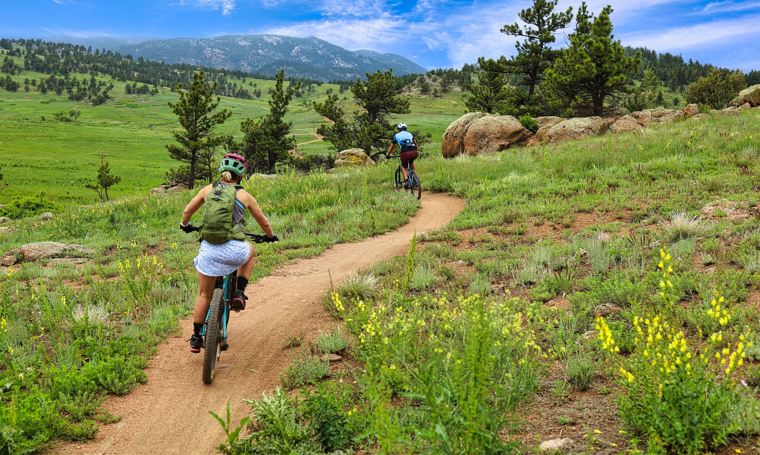  Mountain bikers ride through Hall Ranch Open Space in Boulder, Colorado. 